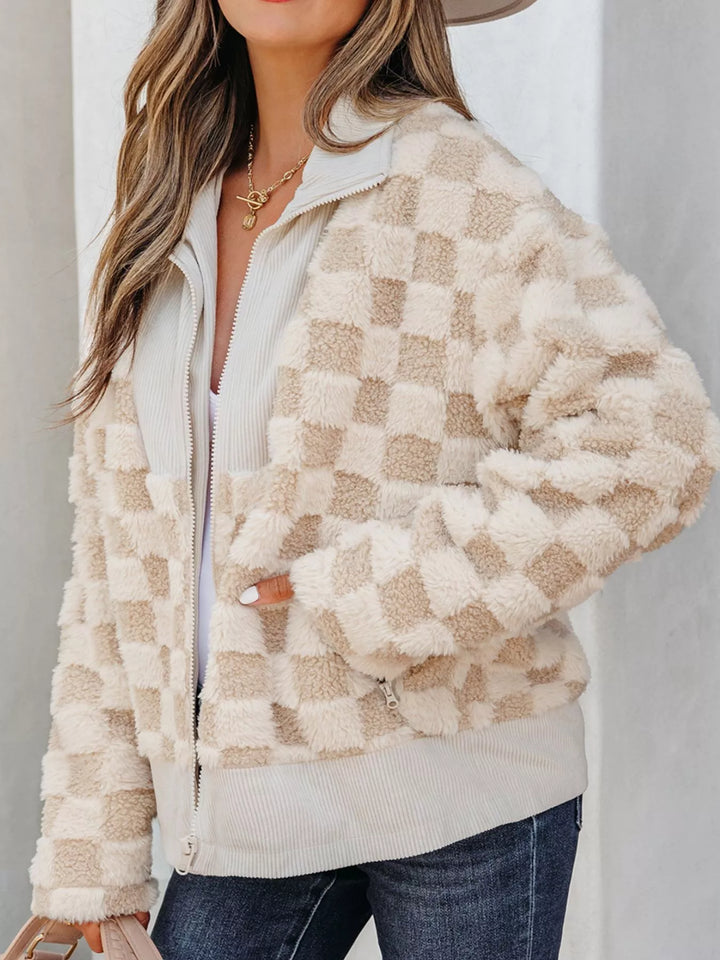 Checkered sherpa zip-up jacket with corduroy collar and trim