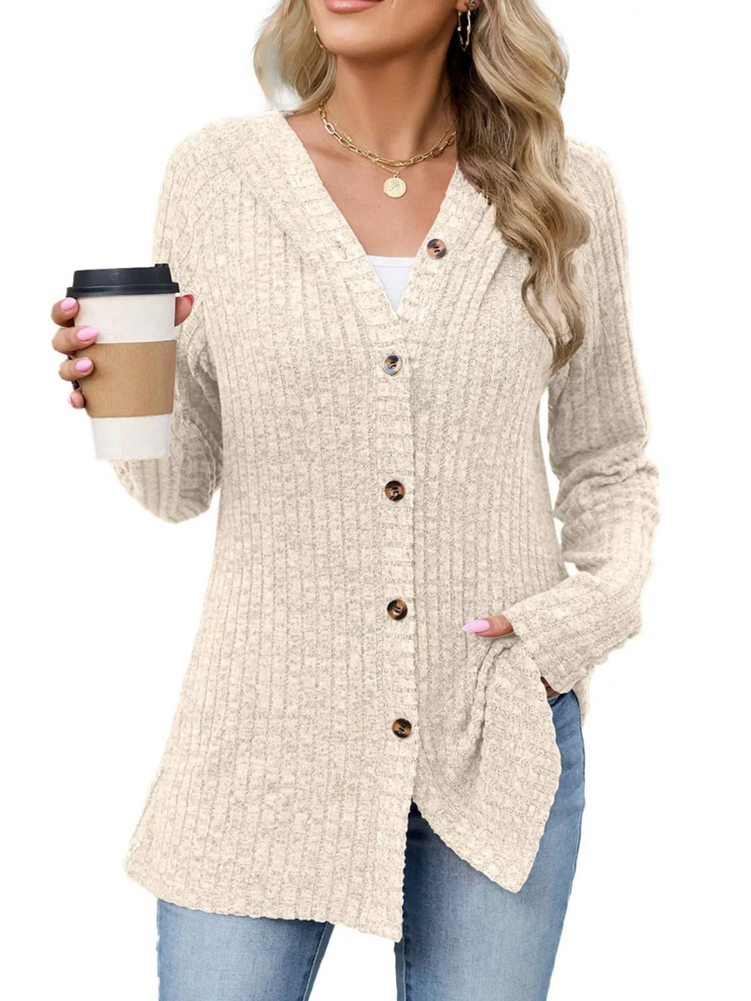 Apricot Color Ribbed knit hooded cardigan with tortoise buttons