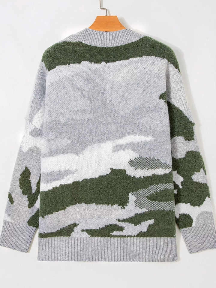 Camo knit drop shoulder cardigan with button front and pockets
