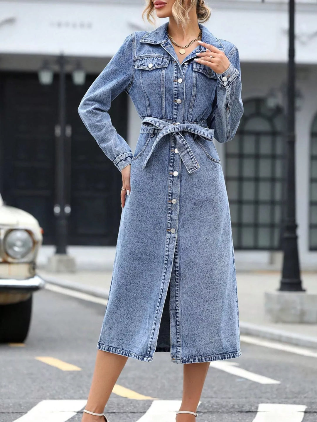 Belted button-front midi denim shirt dress with pockets