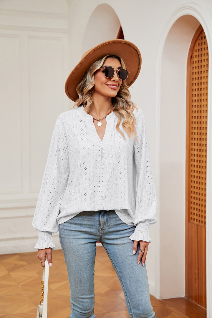 Eyelet notched-neck blouse with flounce sleeves