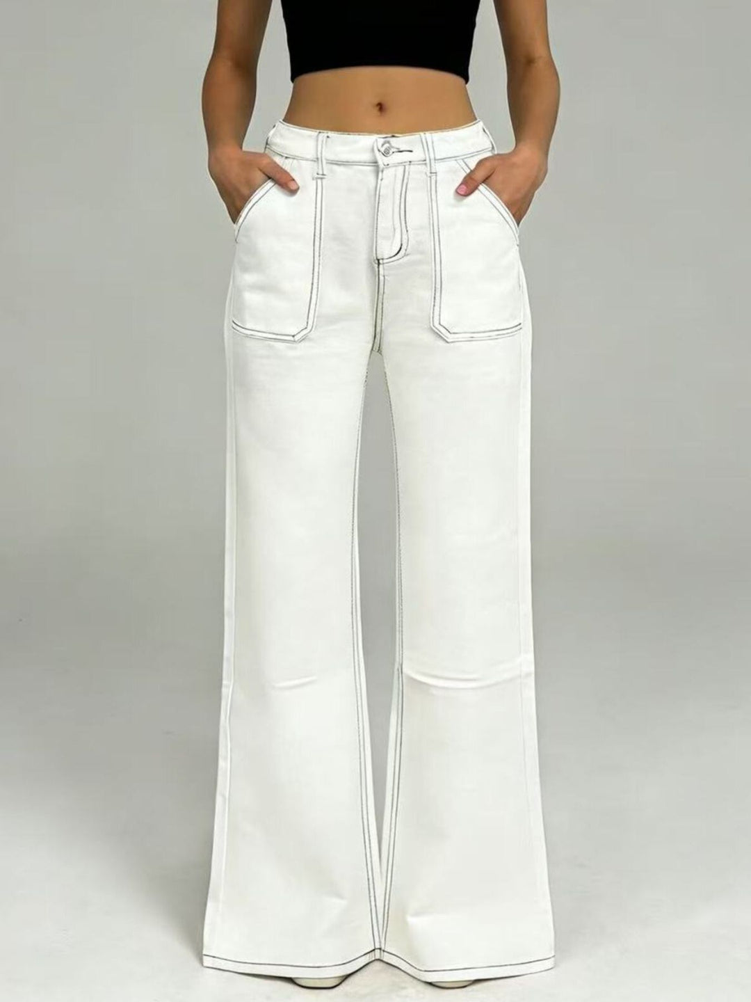 Wide leg jeans with contrast topstitching and patch pockets