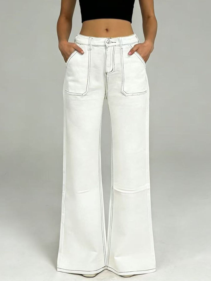 Wide leg jeans with contrast topstitching and patch pockets