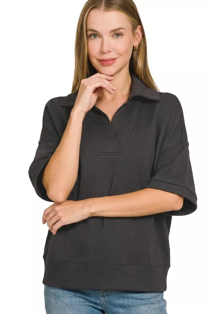 Scuba knit polo collar short sleeve pullover