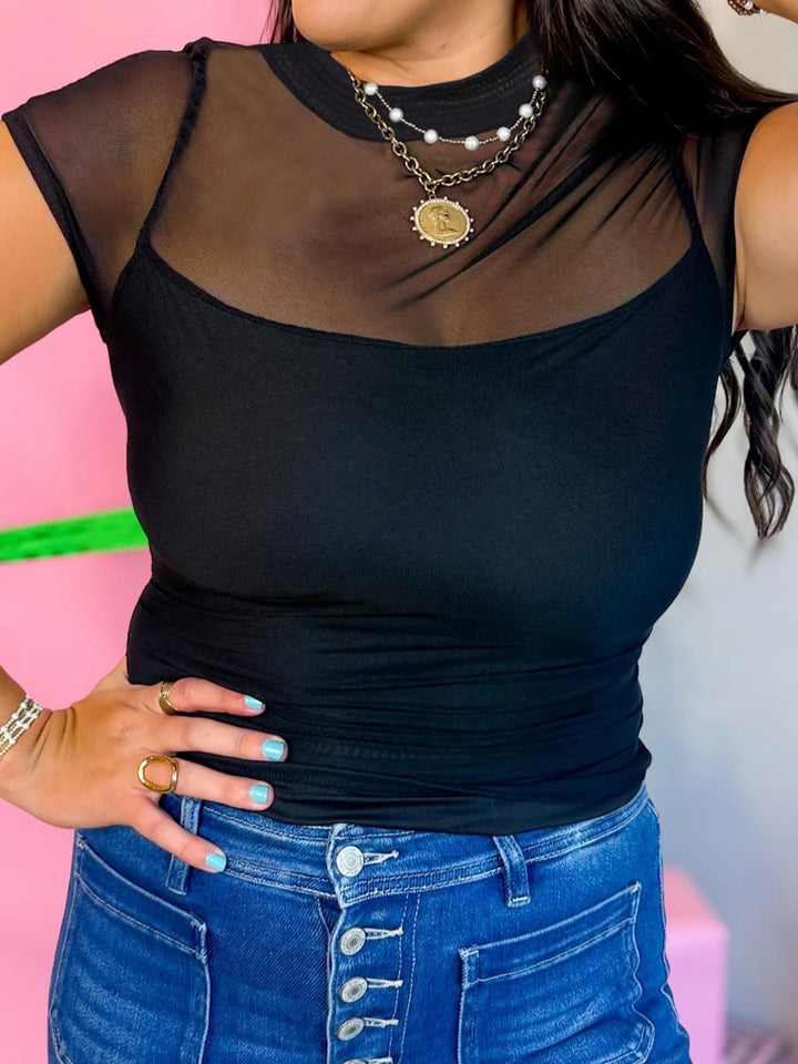 Sheer mesh yoke cap sleeve top with ruched waist