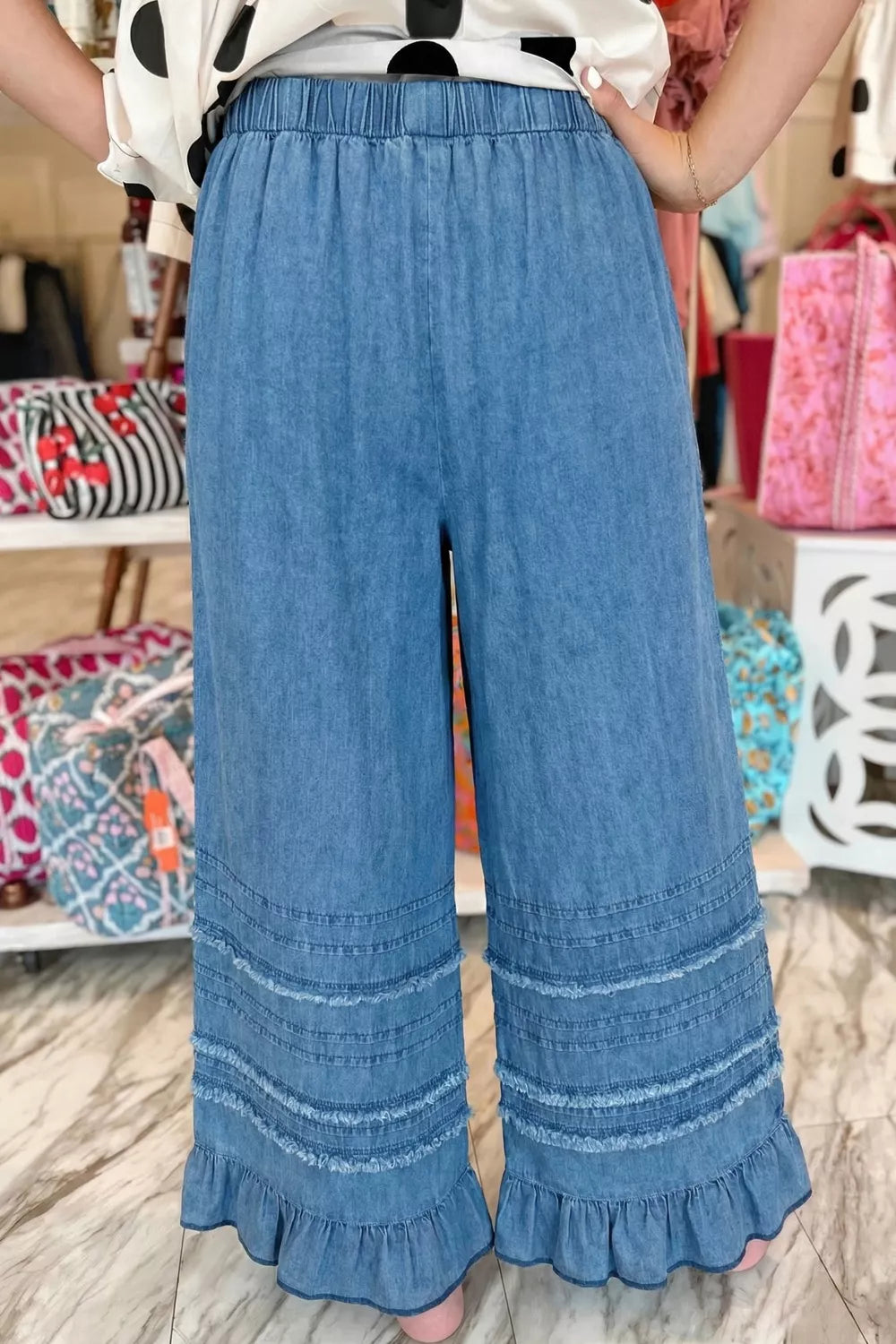 Wide-leg chambray pants with drawstring waist and ruffle hem
