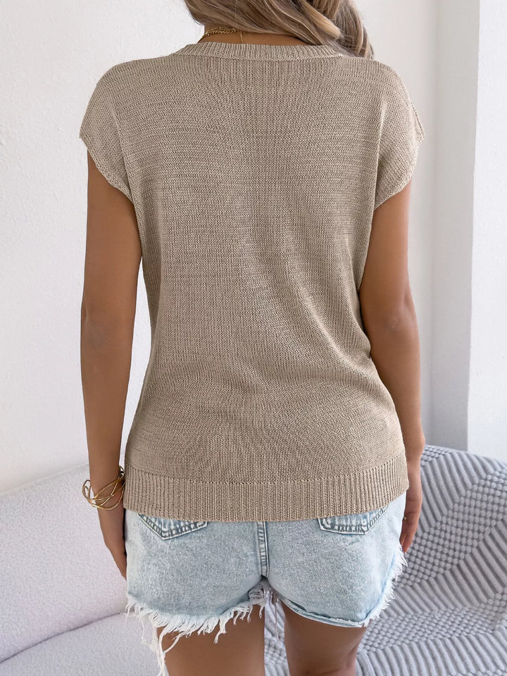 Cable knit openwork cap sleeve sweater