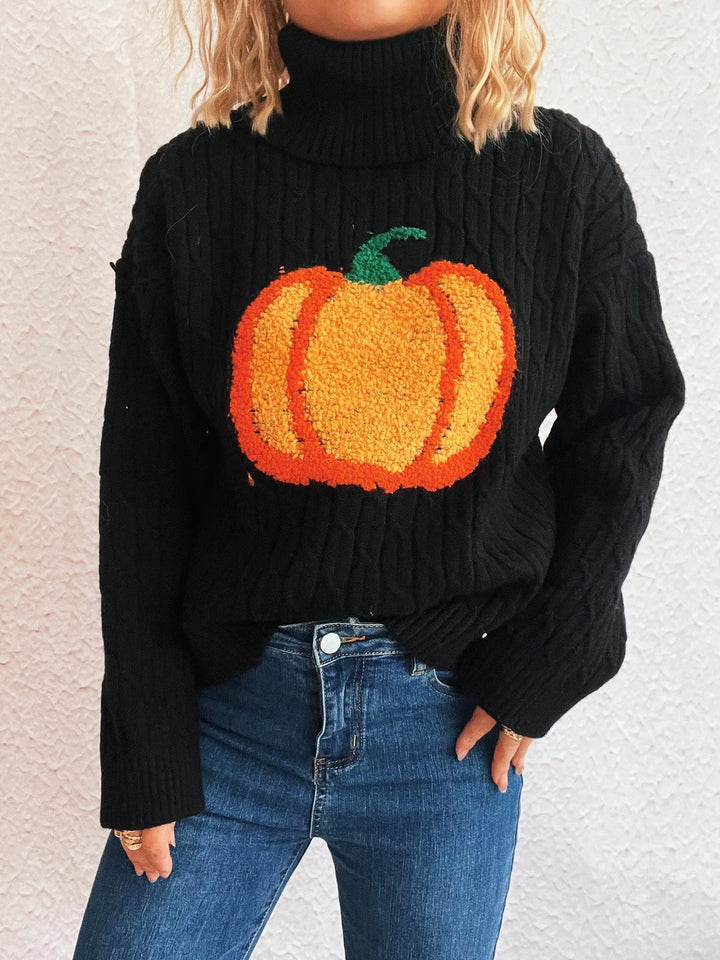 Pumpkin applique cable knit turtleneck sweater