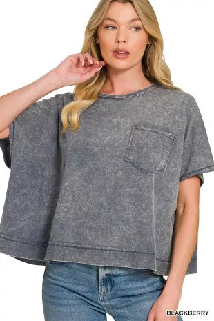 Acid-wash oversized boxy crop tee with chest pocket