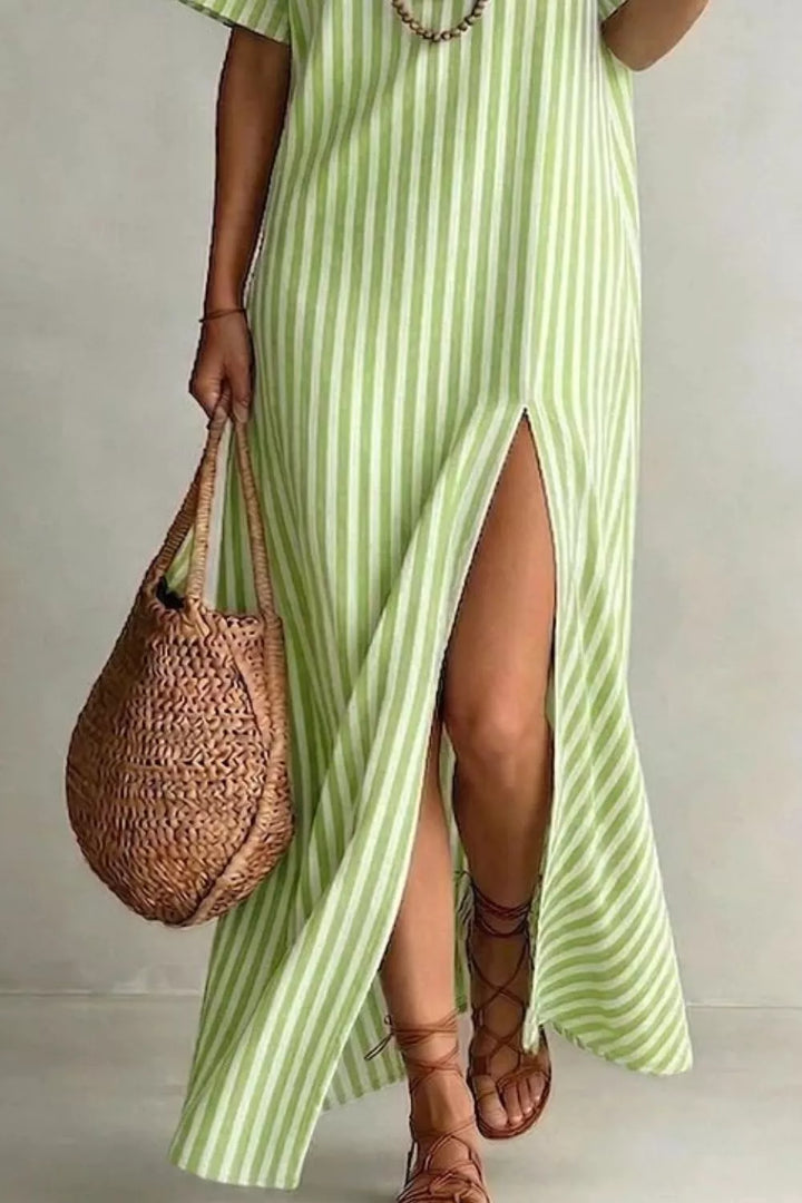 Striped collared maxi dress with high front slit
