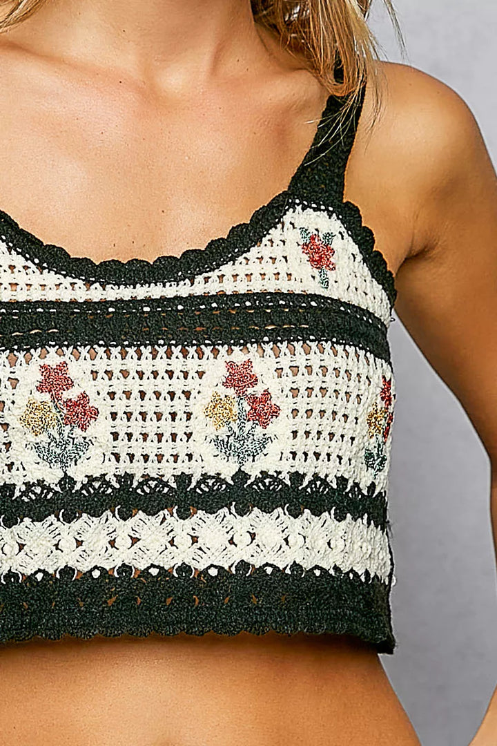 Floral embroidered crochet crop cami with scalloped hem