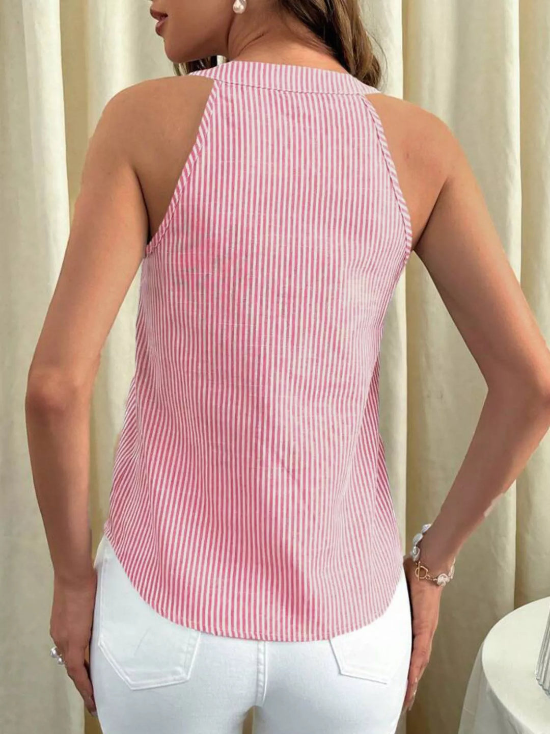 Striped sleeveless button-front tank with notch V-neck