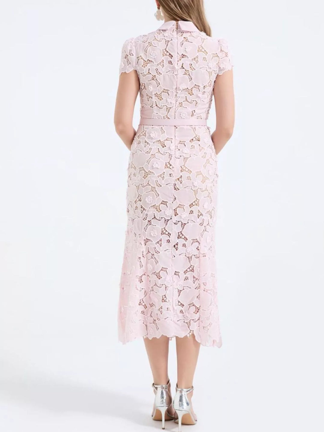Floral lace midi dress with collar and belted waist