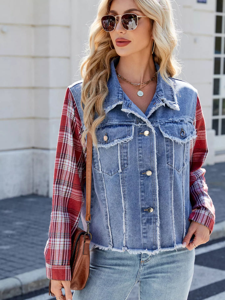 Raw hem denim jacket with plaid contrast sleeves