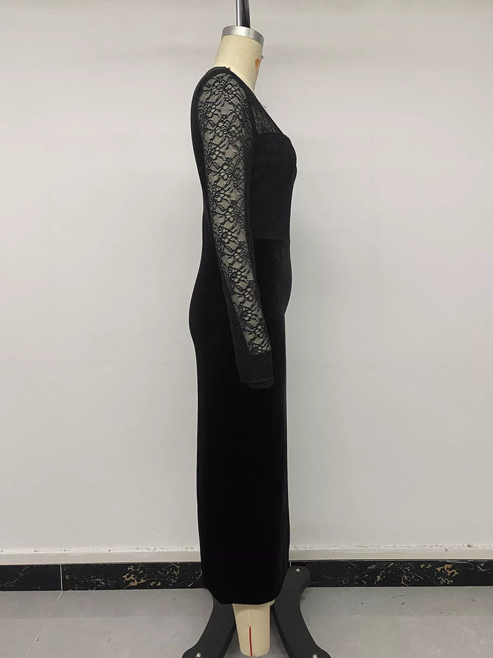 Lace bodice velvet midi dress with long sheer sleeves