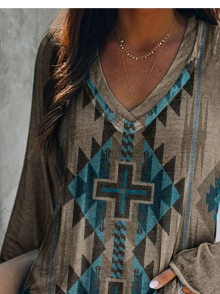 Aztec geometric print v-neck long sleeve top
