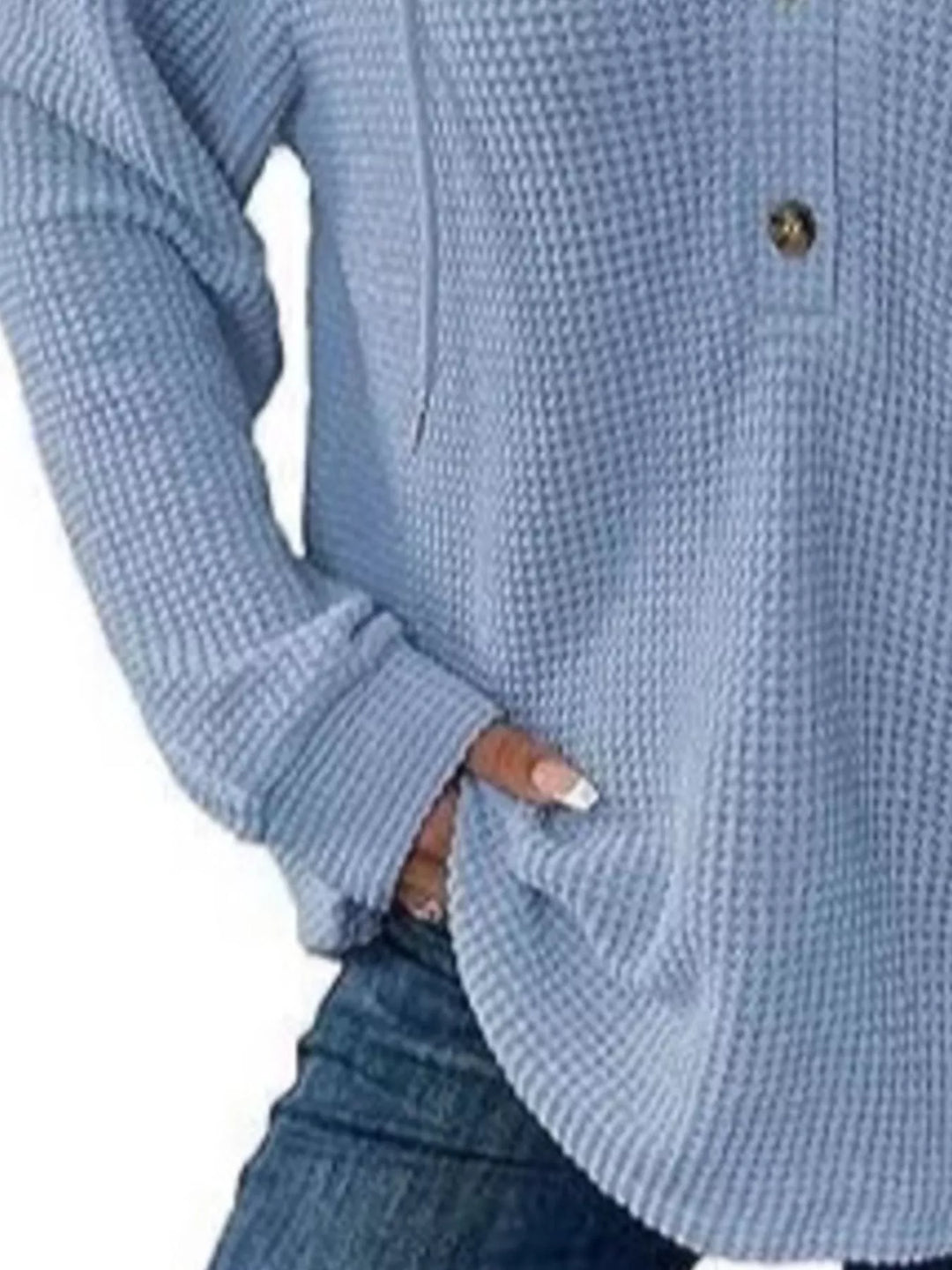 Button-detail waffle knit hoodie with drawstring hood