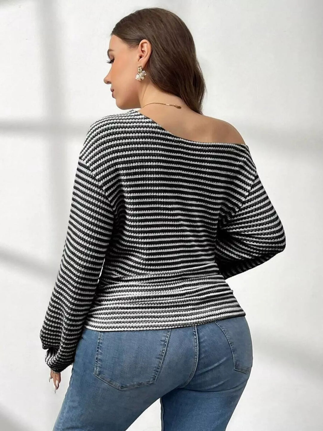 Striped ribbed knit one-shoulder top with long blouson sleeves