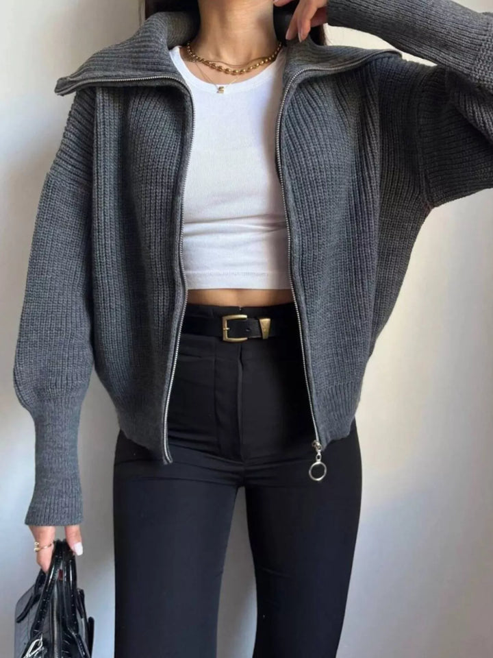 Chunky two-way zip sweater jacket with foldover collar