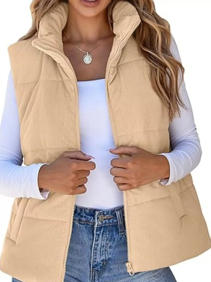 Corduroy stand collar zip-up puffer vest