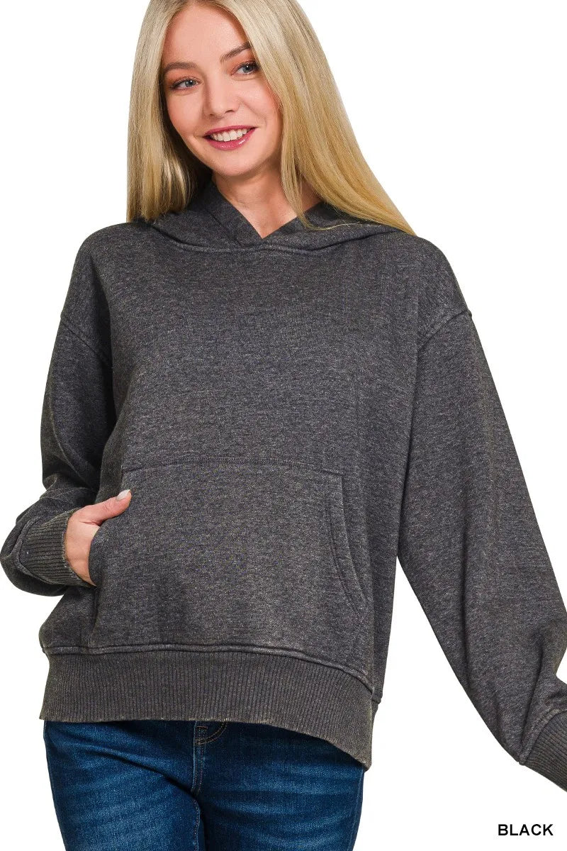 BLACK Acid wash fleece pullover hoodie with kangaroo pocket