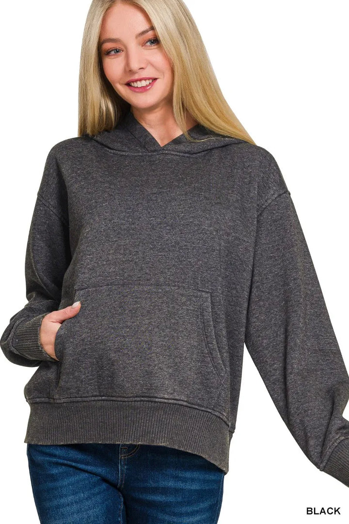 BLACK Acid wash fleece pullover hoodie with kangaroo pocket