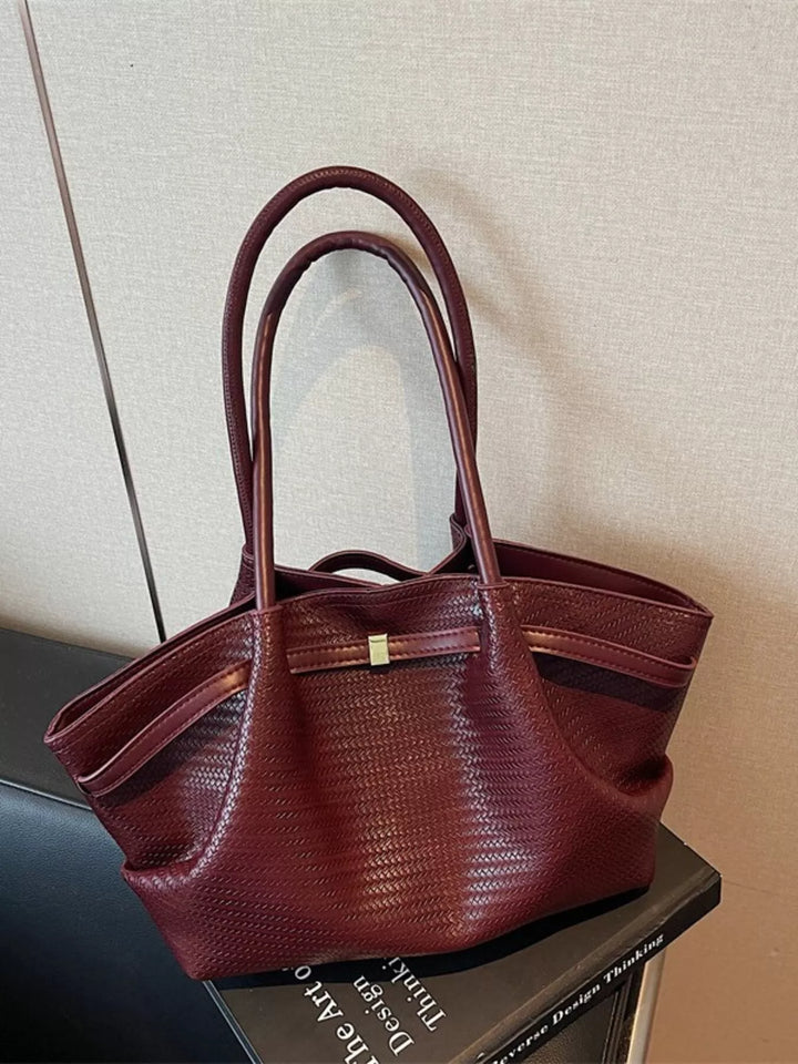 Red Woven texture faux leather tote bag with gold clasp