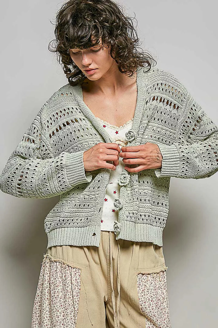LIME Open-knit V-neck cardigan with 3D floral buttons