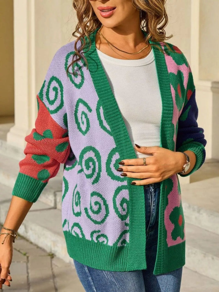 Floral colorblock open-front knit cardigan