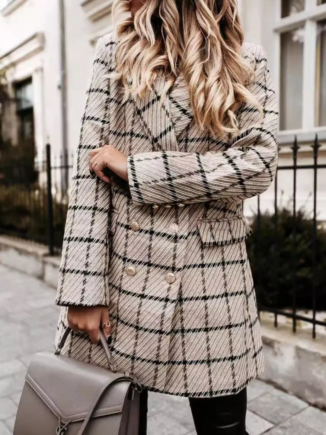 Houndstooth tweed double-breasted blazer coat with gold buttons