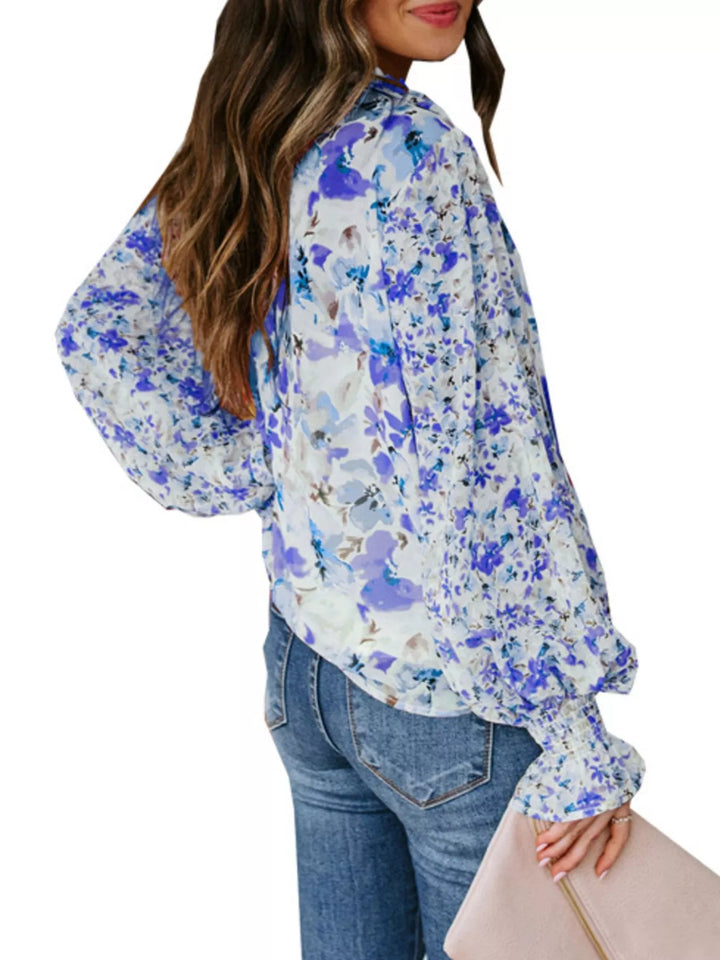 Floral print V-neck button-down blouse with smocked cuffs