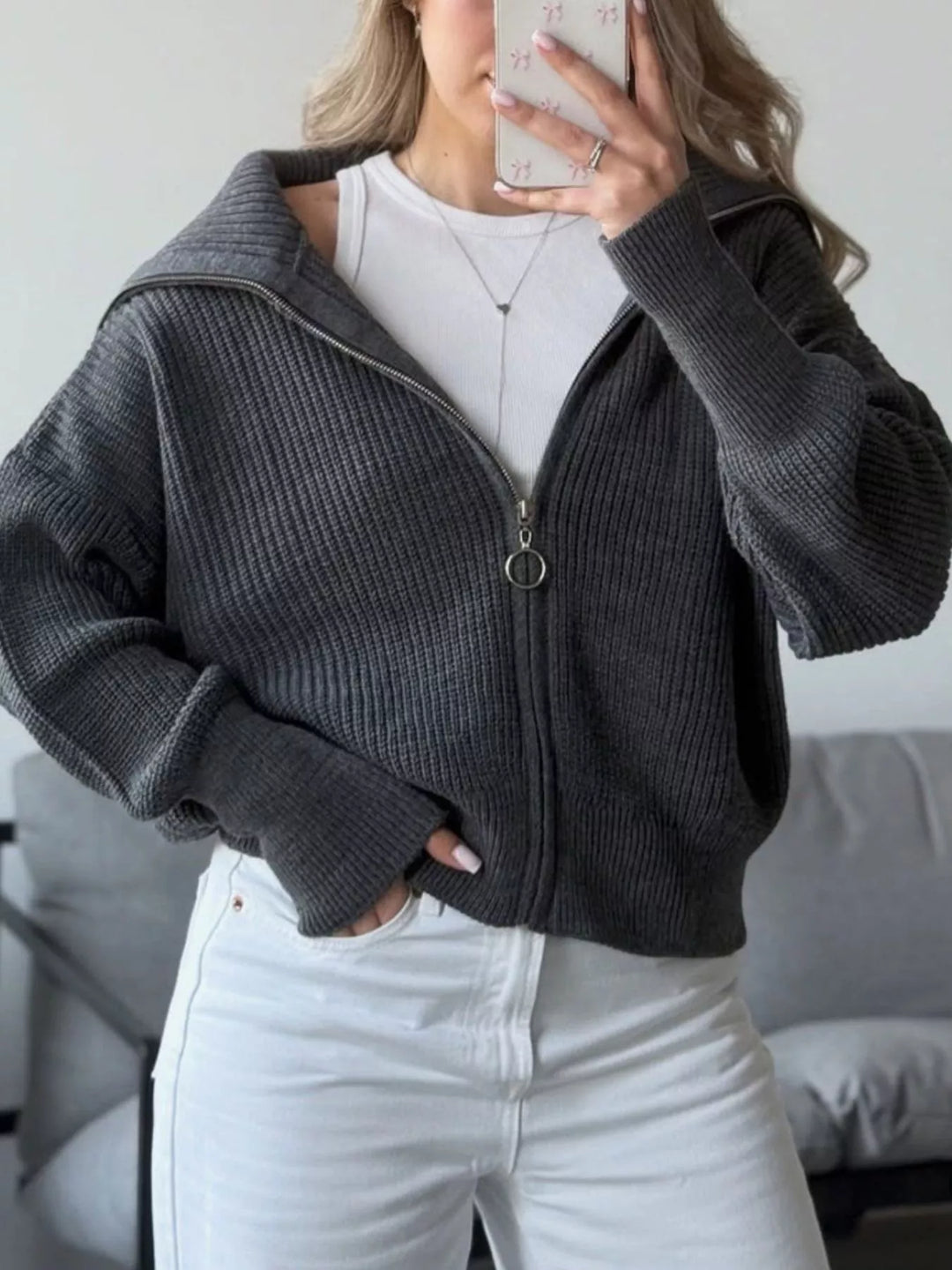 Chunky two-way zip sweater jacket with foldover collar
