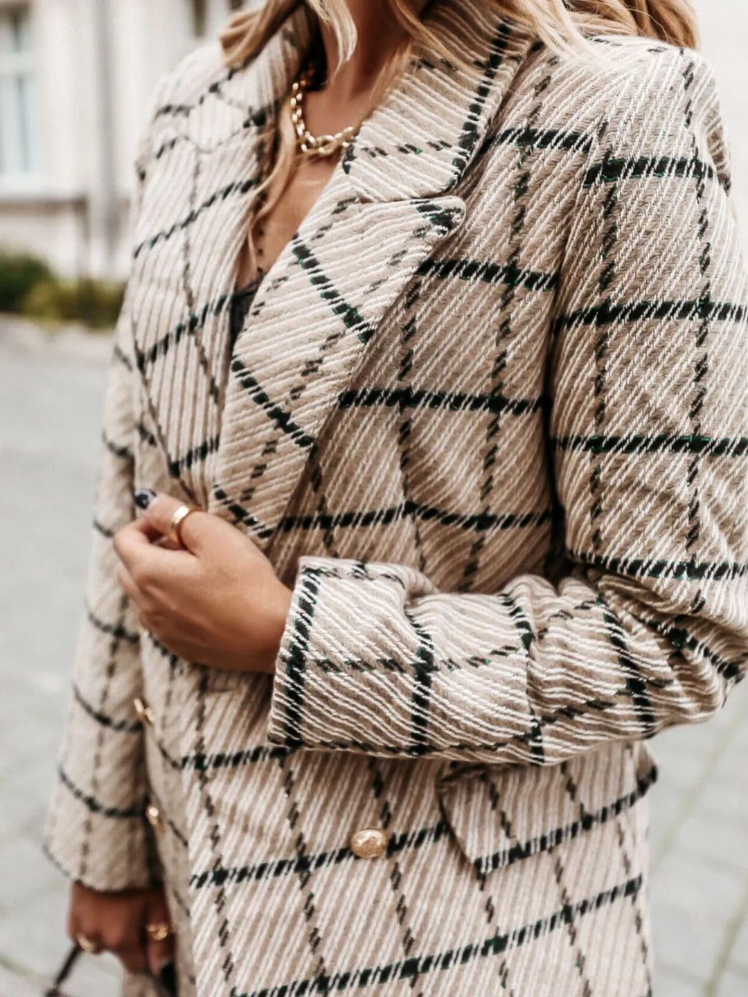 Houndstooth tweed double-breasted blazer coat with gold buttons