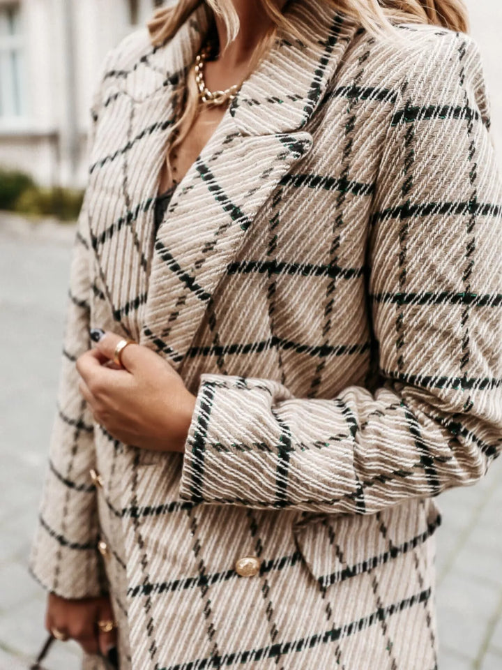 Houndstooth tweed double-breasted blazer coat with gold buttons