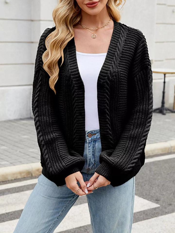 Cable knit button-front cardigan with drop shoulder sleeves