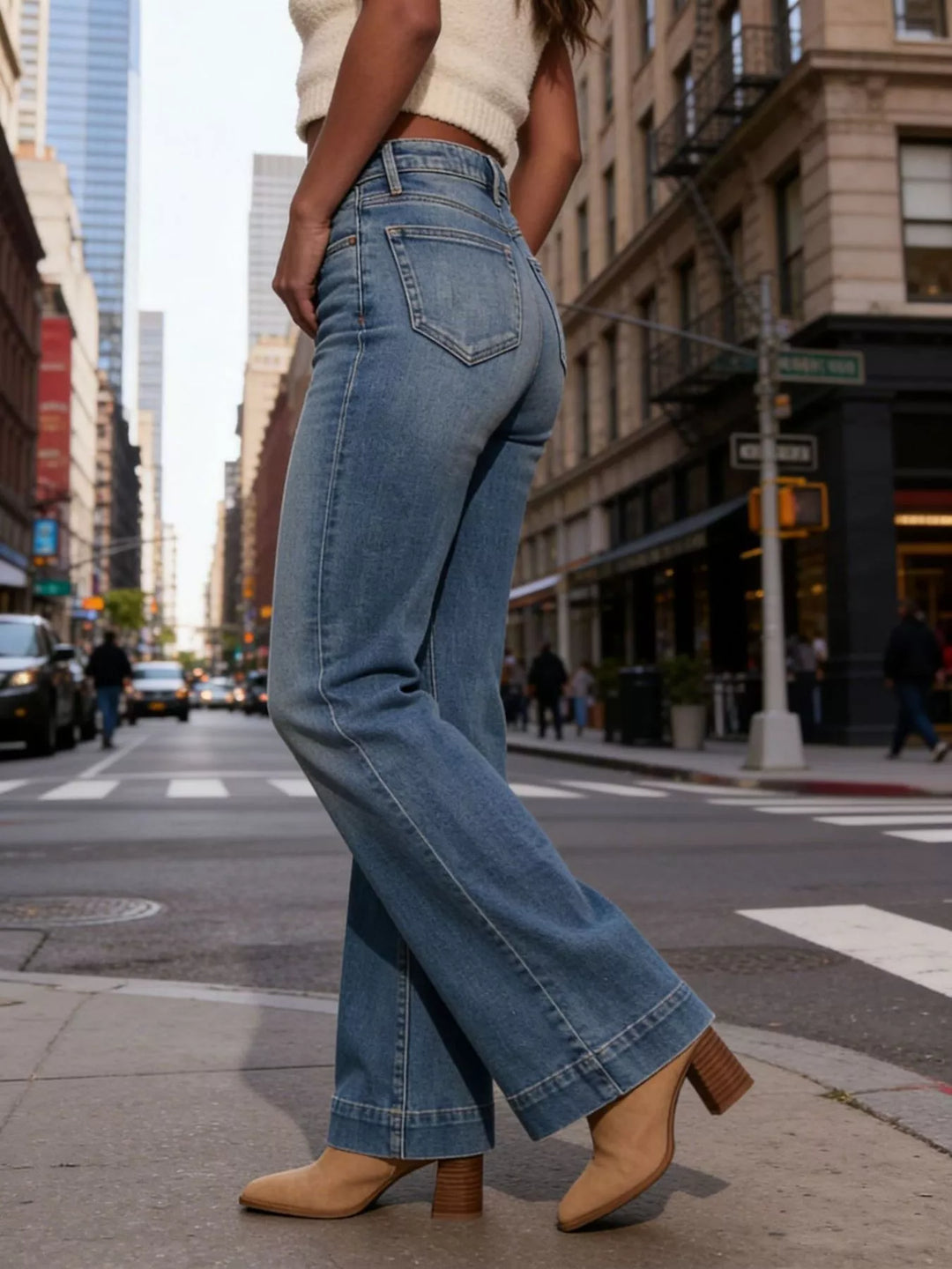 High-rise flare leg jeans with pressed center seam