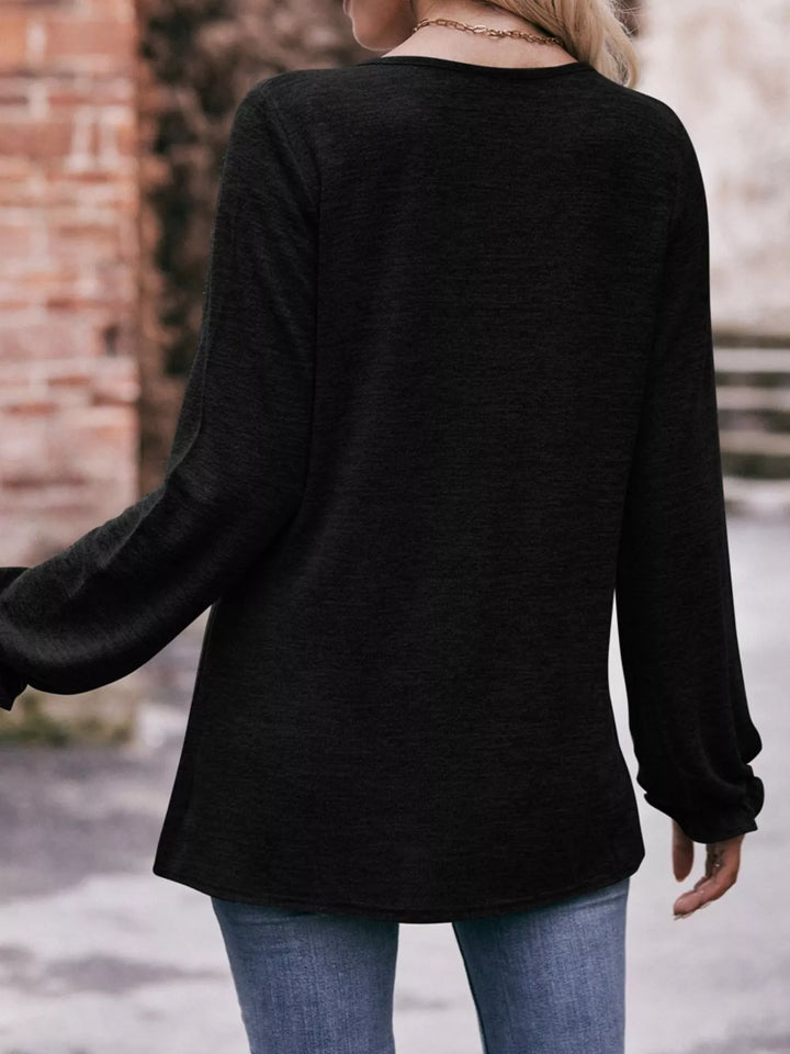 Ruffle cuff long sleeve top with pleated neckline