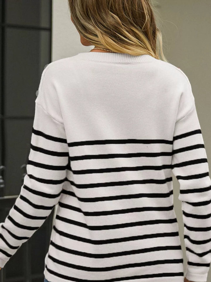 Button-shoulder striped knit crewneck sweater