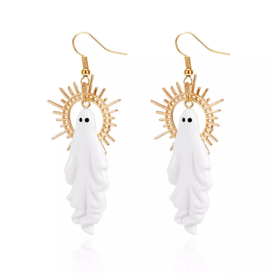 Halloween ghost drop earrings with sunburst halo