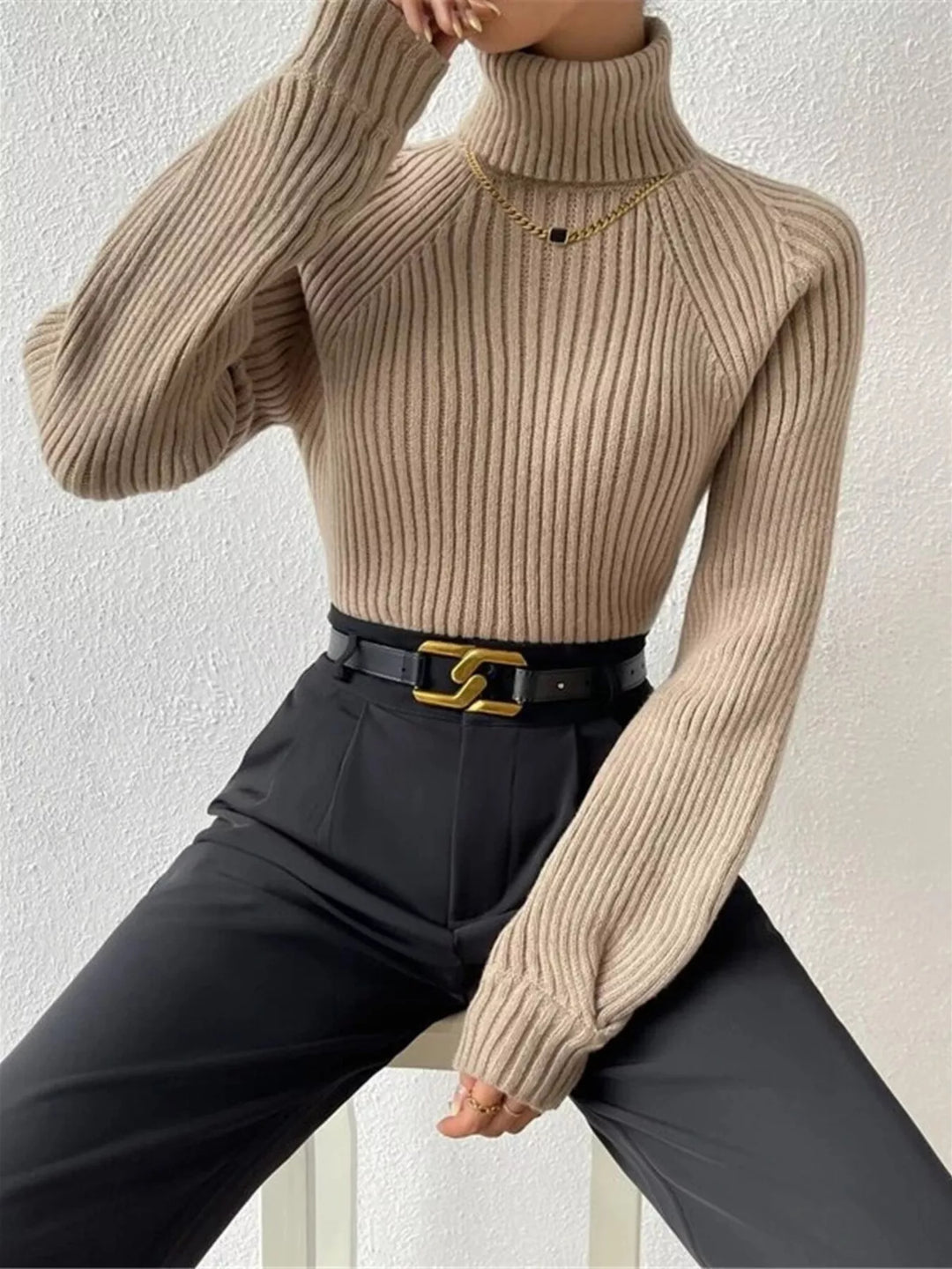 Ribbed knit turtleneck sweater with fitted long sleeves
