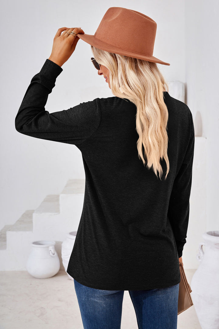 Buttoned split V-neck long sleeve henley top