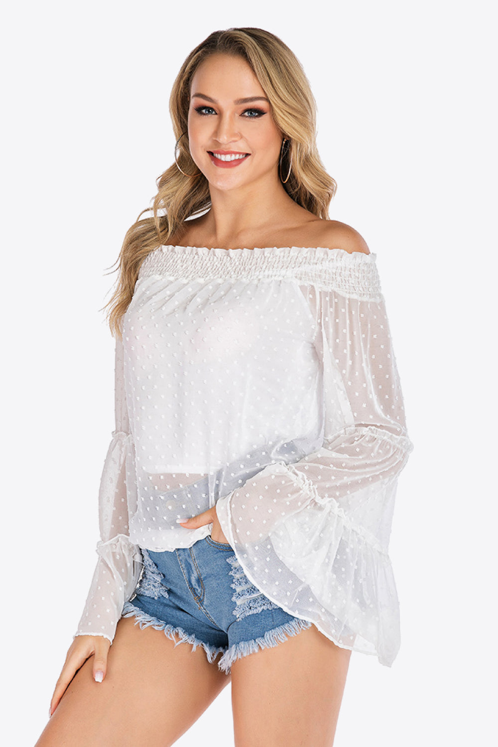 Swiss dot off-shoulder blouse with flare sleeves