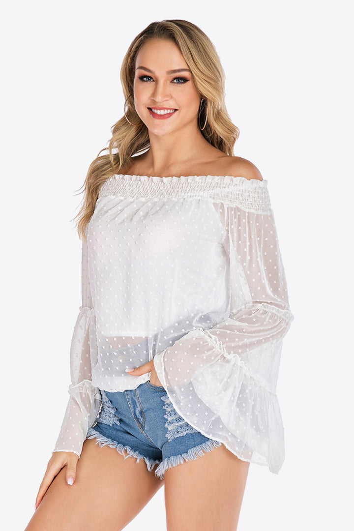 Swiss dot off-shoulder blouse with flare sleeves