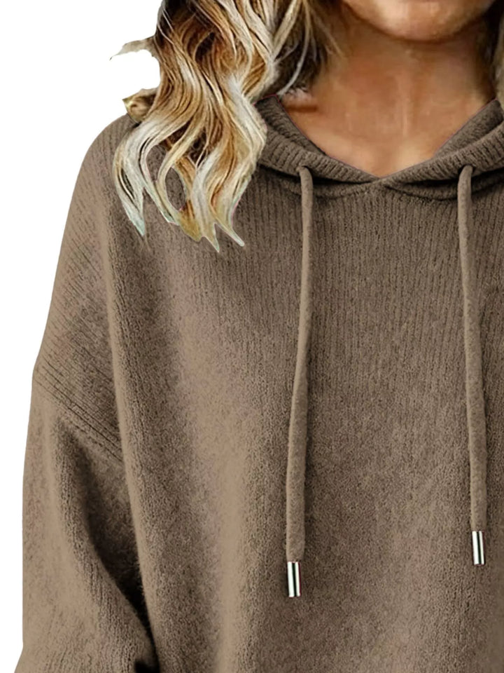 Drawstring hooded knit sweater with ribbed cuffs