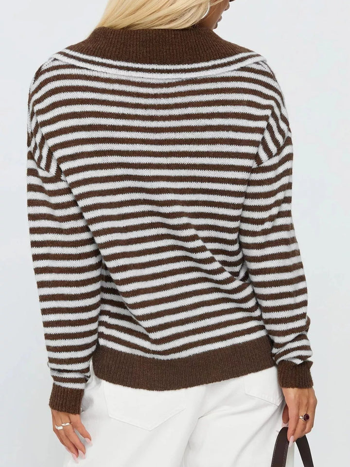 Striped knit collared sweater with dropped shoulders