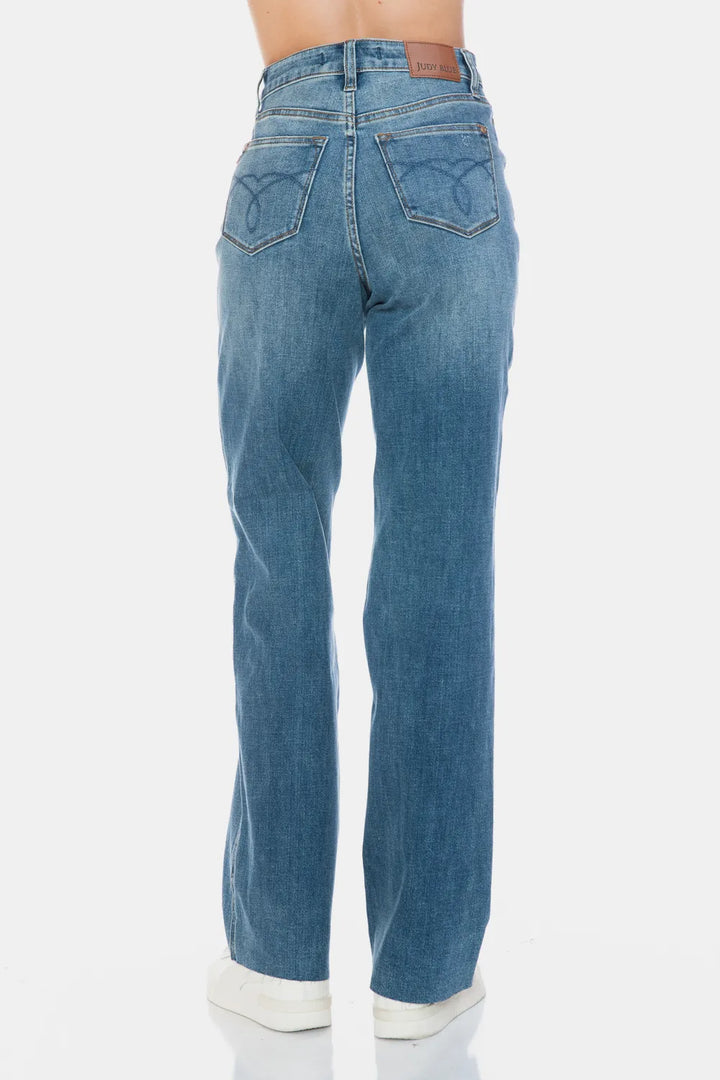 High-rise tummy control straight jeans with raw hem