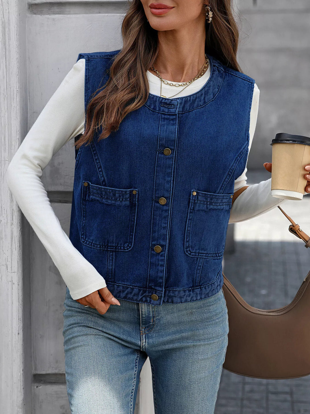 Navy Cropped button-down denim vest with patch pockets