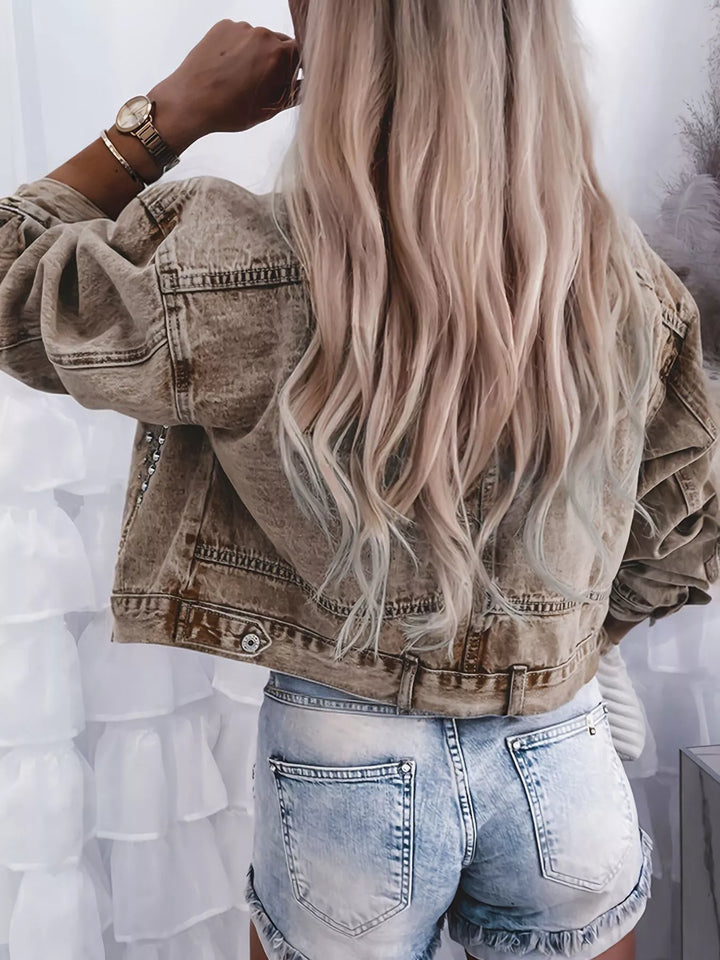 Studded cropped denim jacket with button front