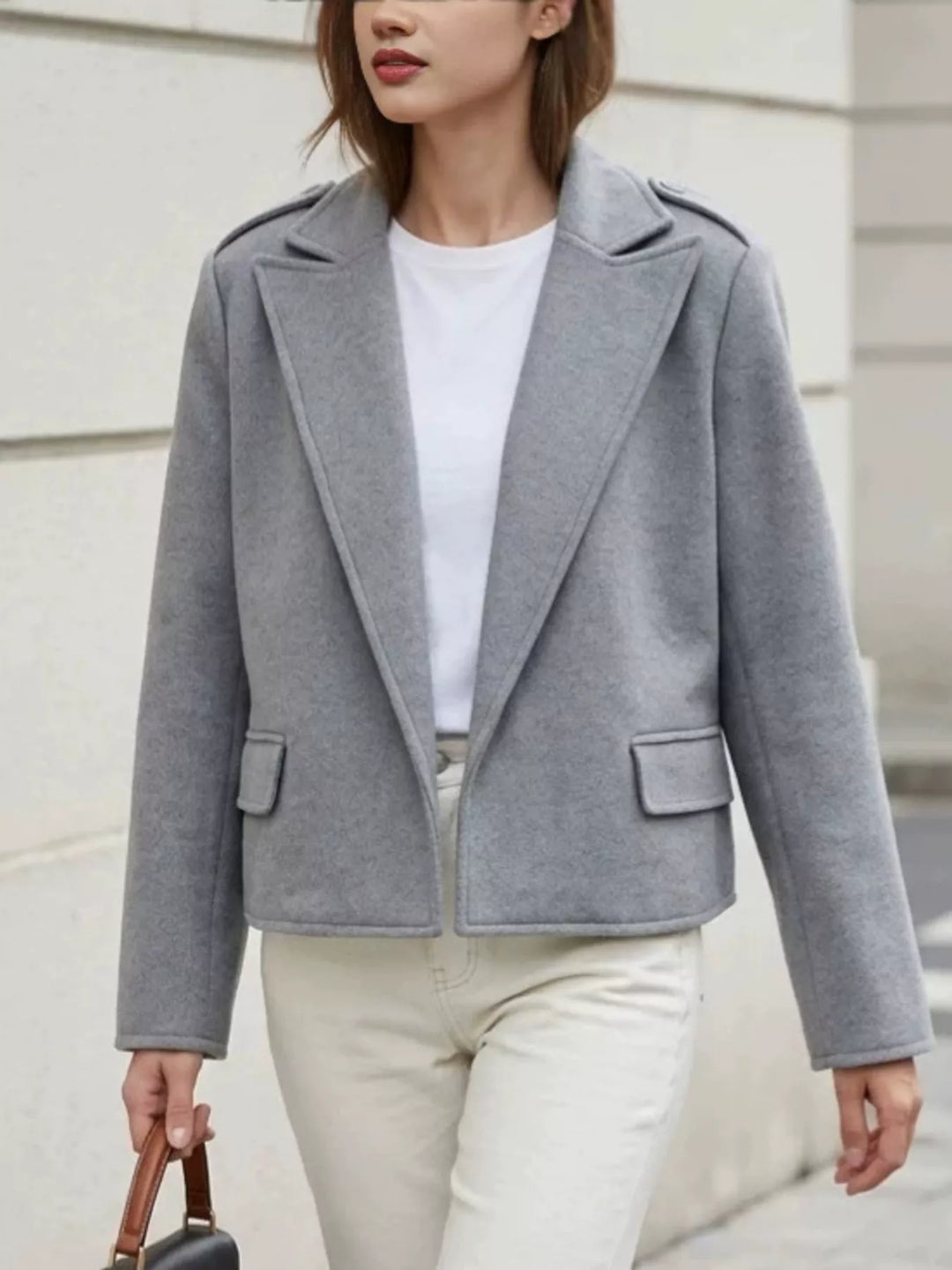 Gray Notch lapel cropped jacket with epaulettes and flap pockets