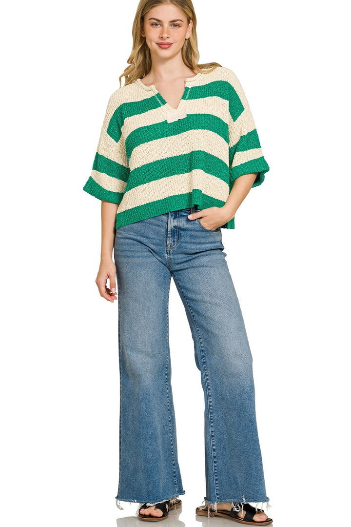 Bold stripe split-neck cropped knit sweater